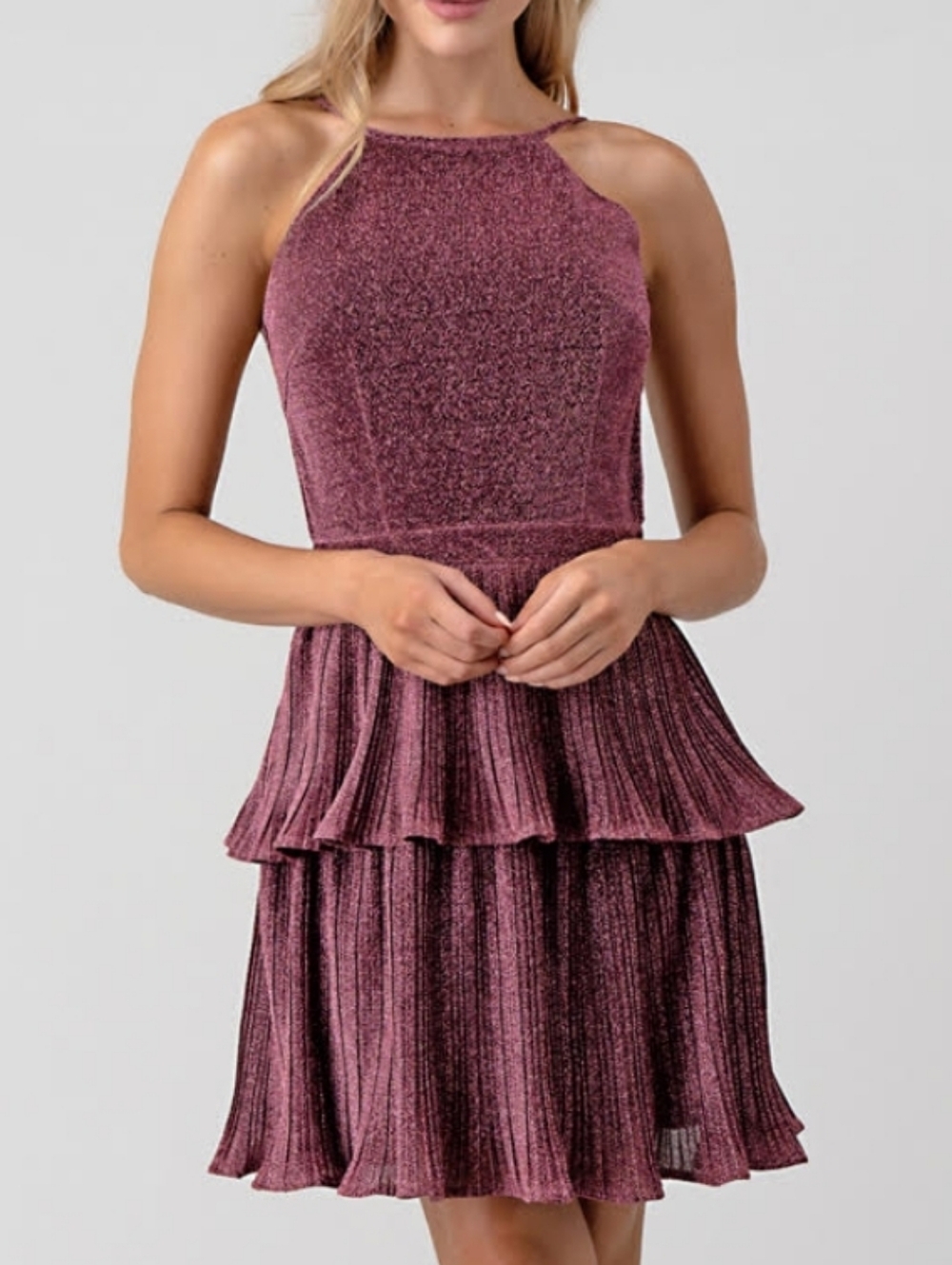 Minuet• Sparkle Tiered Low Back Mini Party Dress - Rose Metallic. Sz M NWOT